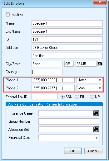 athenaPractice Edit Employer Phone Dialog